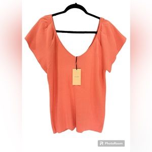NWT Halogen Women’s XXL Coral Pink Knitted Ribbed Flutter Sleeve Blouse Top
